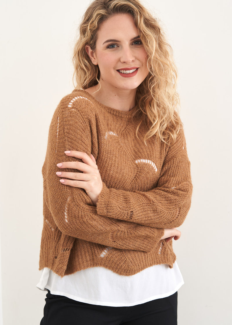Soft brown scallop knit sweater