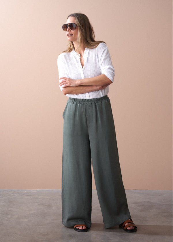 Full length wide leg dark sage trousers