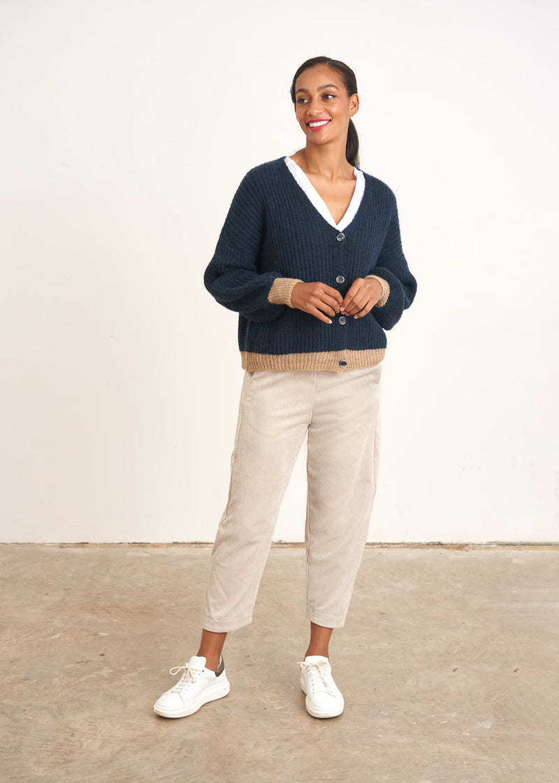 Navy cardigan with nude trim