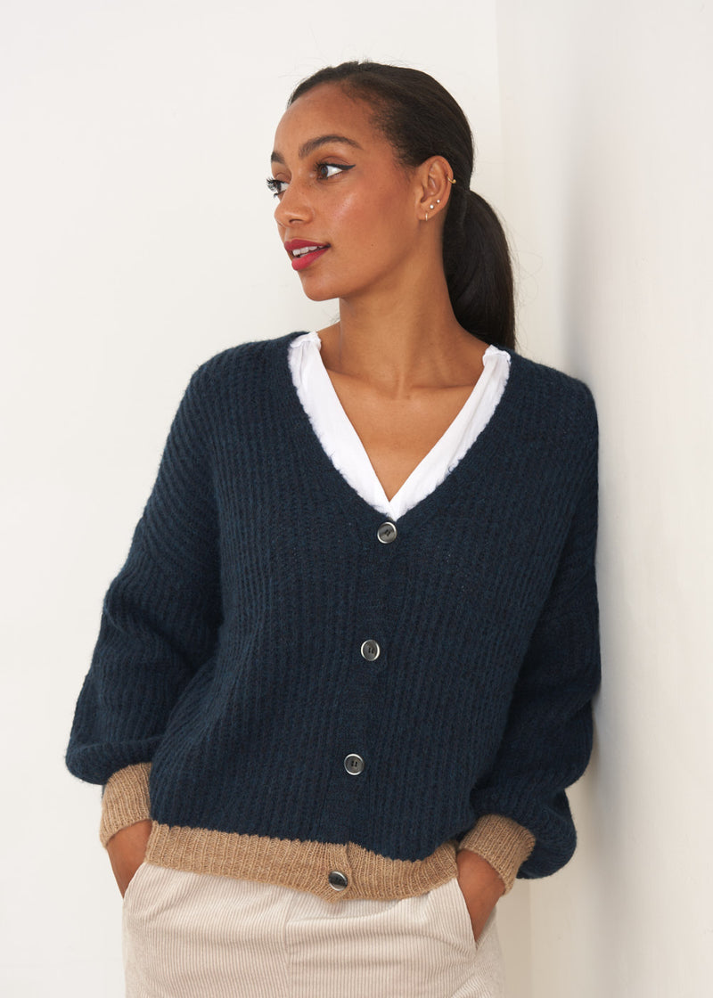 Navy cardigan with nude trim