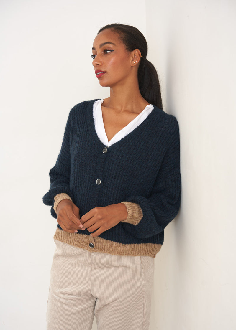 Navy cardigan with nude trim