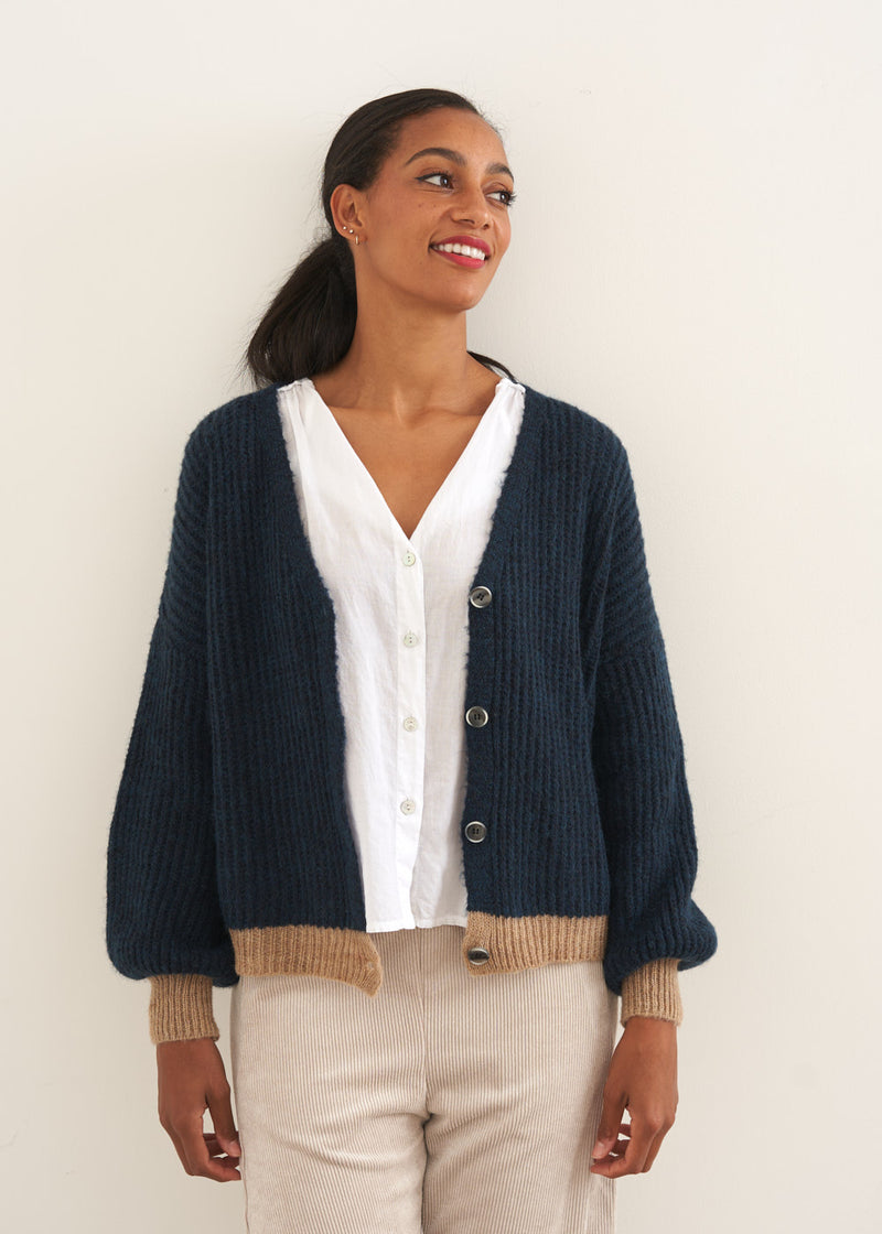 Navy cardigan with nude trim