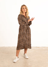 Leopard print midi dress with waist tie
