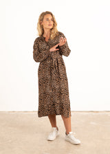 Leopard print midi dress with waist tie