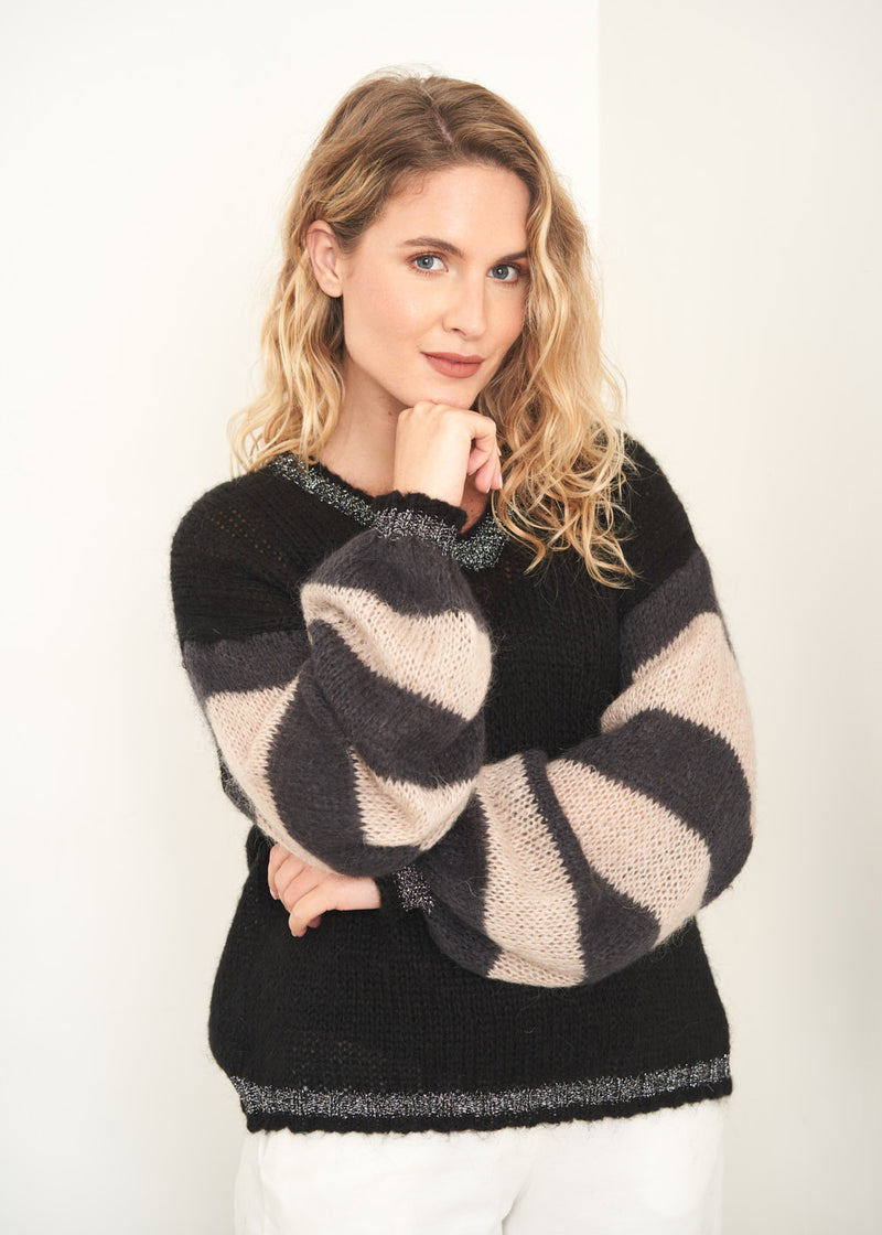 Black and cream stripe sleeve sweater