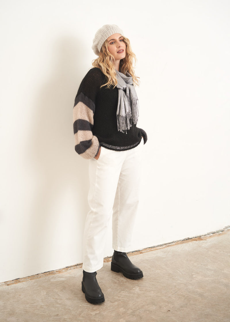 Black and cream stripe sleeve sweater