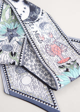 White and blue printed satin neck scarf