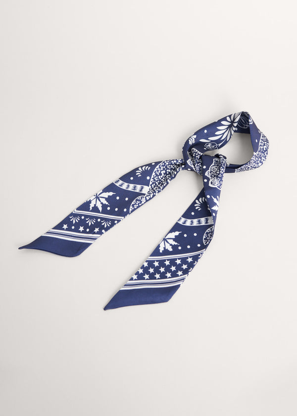 White and blue printed satin neck scarf