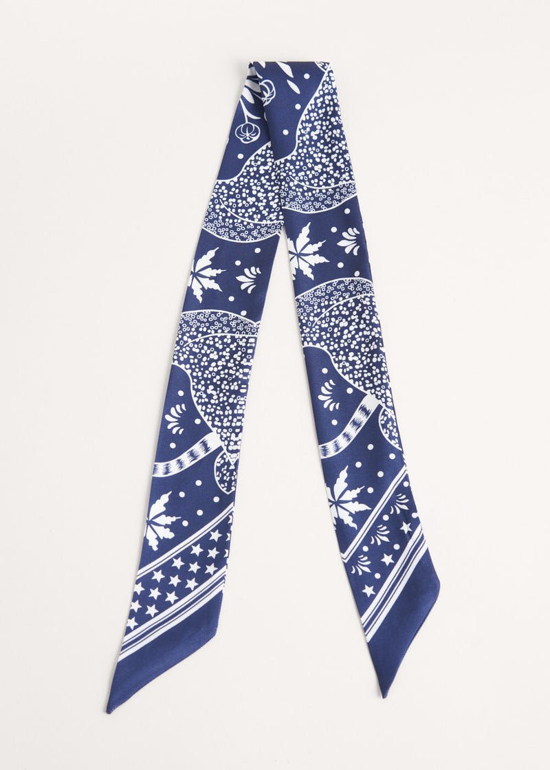 White and blue printed satin neck scarf