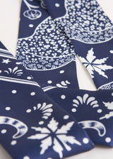 White and blue printed satin neck scarf