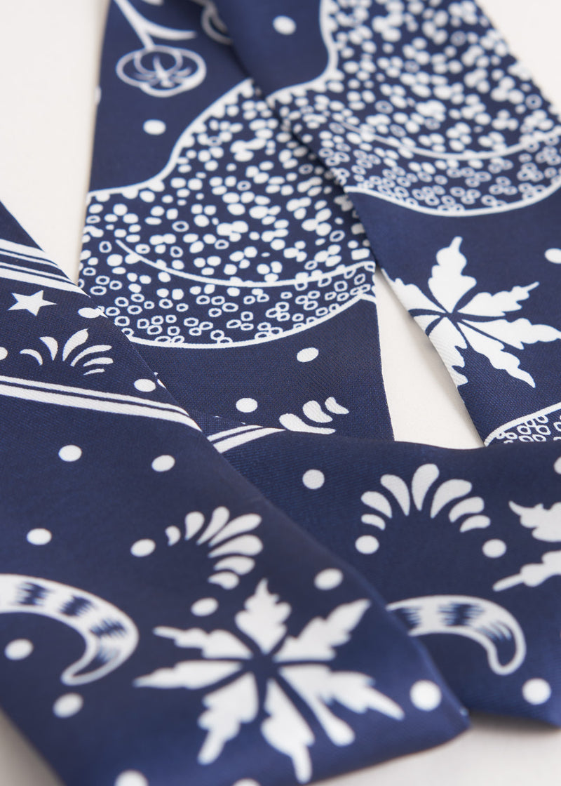 White and blue printed satin neck scarf