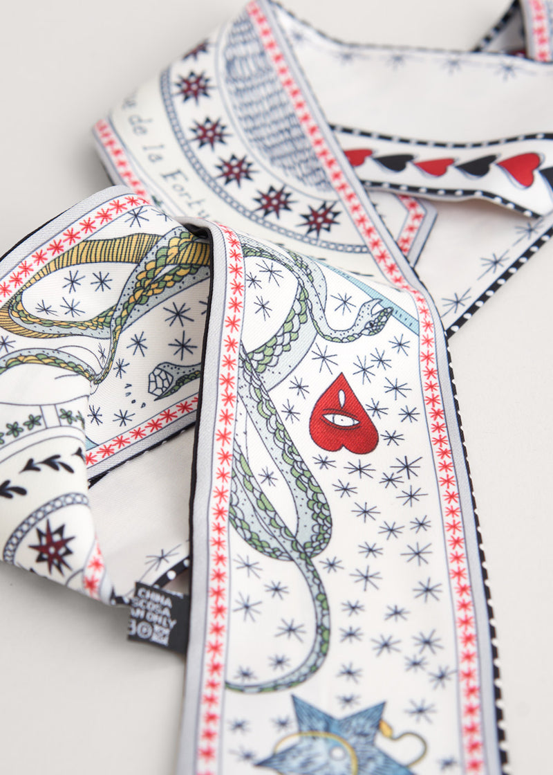 White printed satin neck scarf