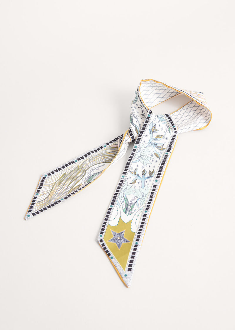 White and yellow printed satin neck scarf