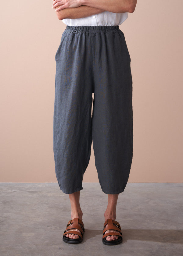 Charcoal grey barrel leg linen trousers