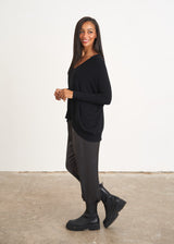 Black v-neck draped sweater