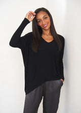 Black v-neck draped sweater