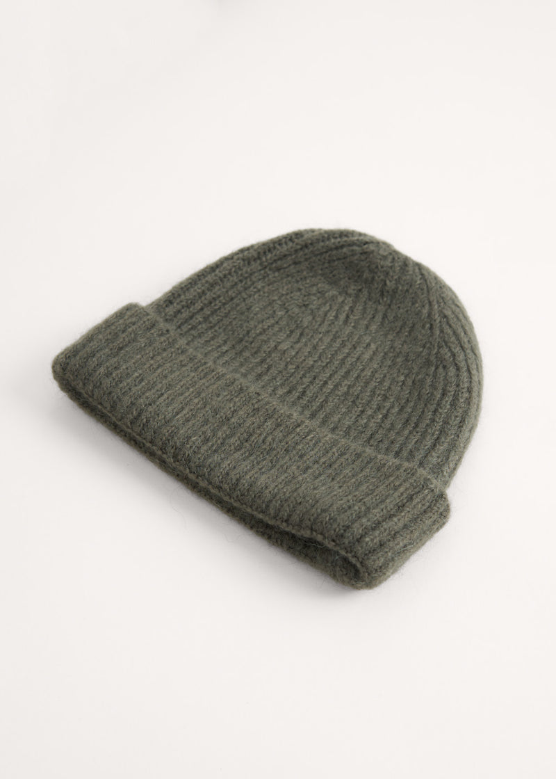 Khaki ribbed beanie hat