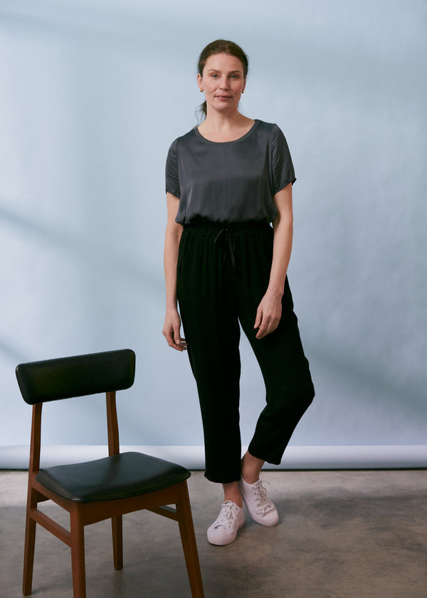 Black wool blend drawstring trousers