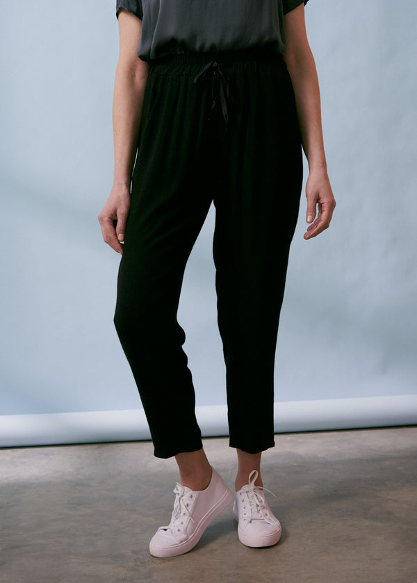 Black wool blend drawstring trousers