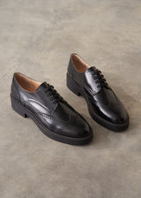 A pair of black leather wingtip oxford shoes with brogue detailing and low block heels, displayed on a textured gray concrete surface.
