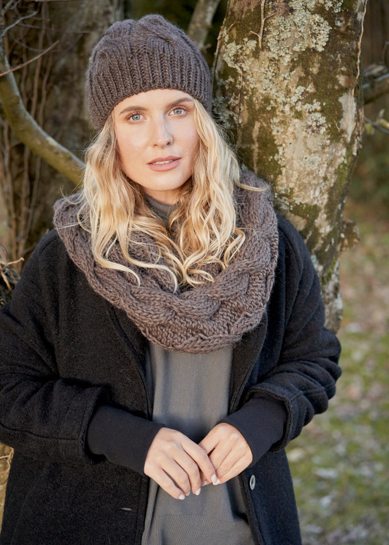 Dark brown chunky knit circle scarf