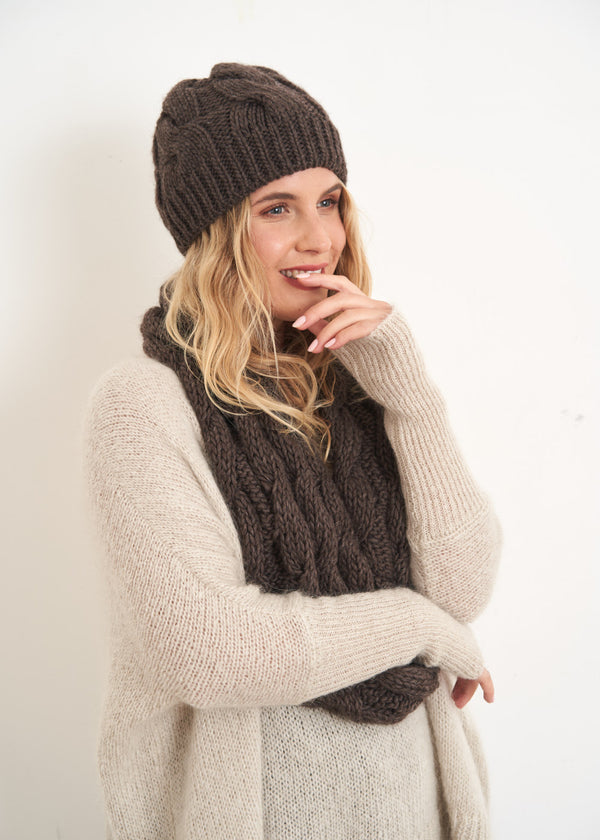 Dark brown chunky knit beanie hat