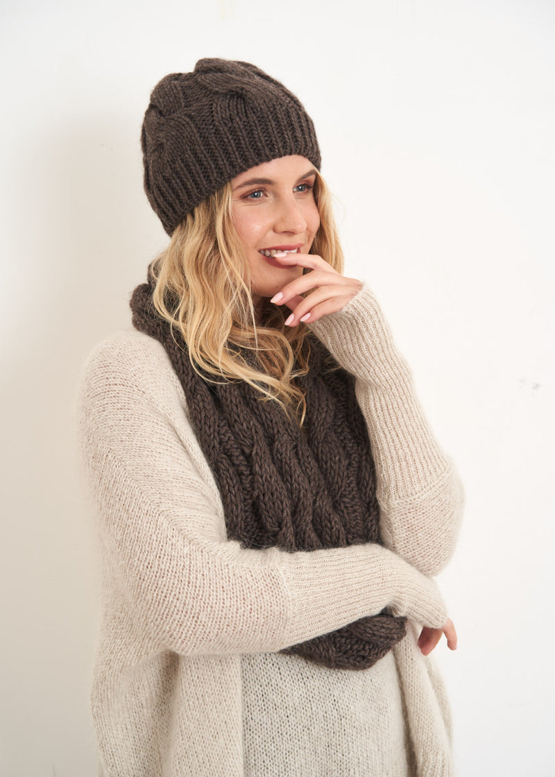 Dark brown chunky knit beanie hat