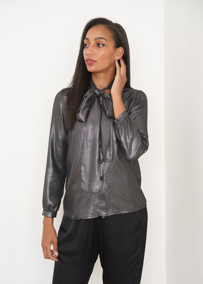 Metallic shirt with neck tie