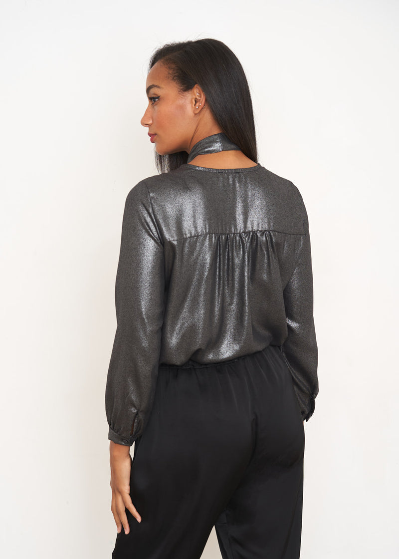 Metallic shirt with neck tie
