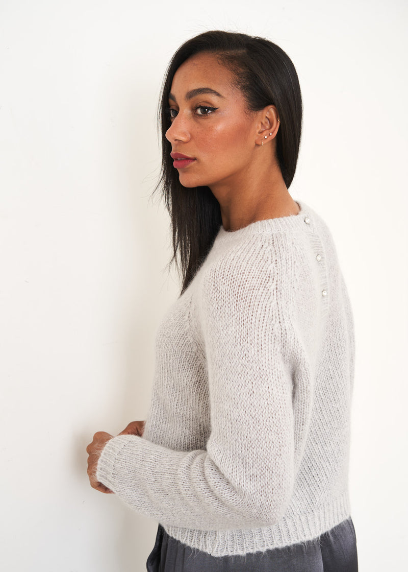 Pale grey diamante button sweater