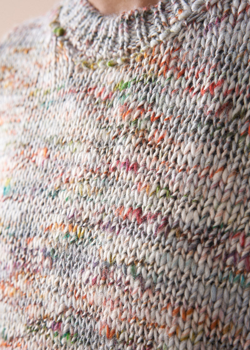 Close-up of a knitted sweater with multicolor yarn.