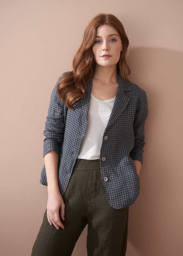 Sage and navy check linen blazer
