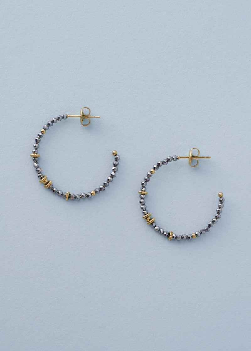Grey and gold beaded hoop earrings