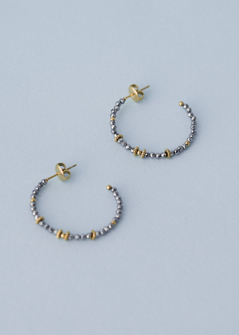 Grey and gold beaded hoop earrings