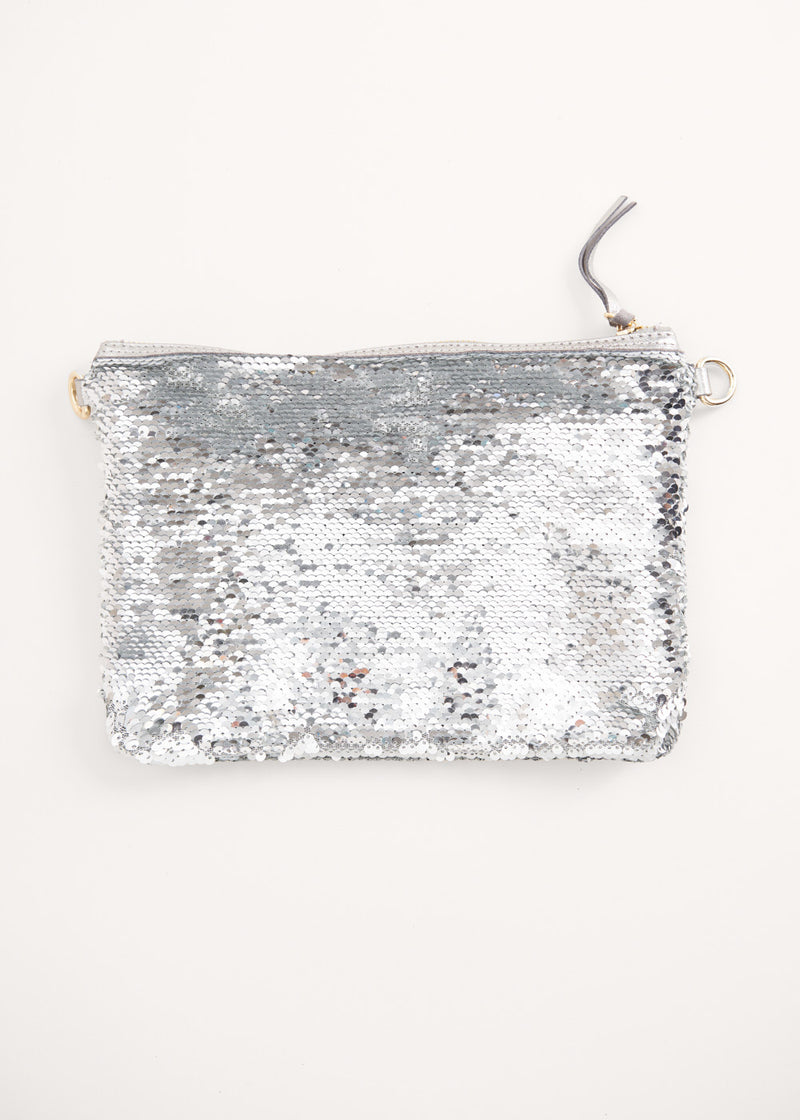 Silver sequin clutch bag