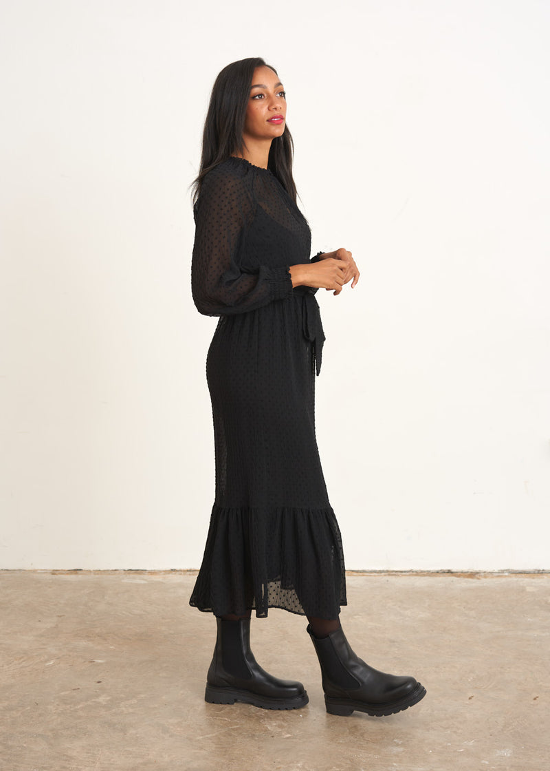 Black dobby polka dot dress