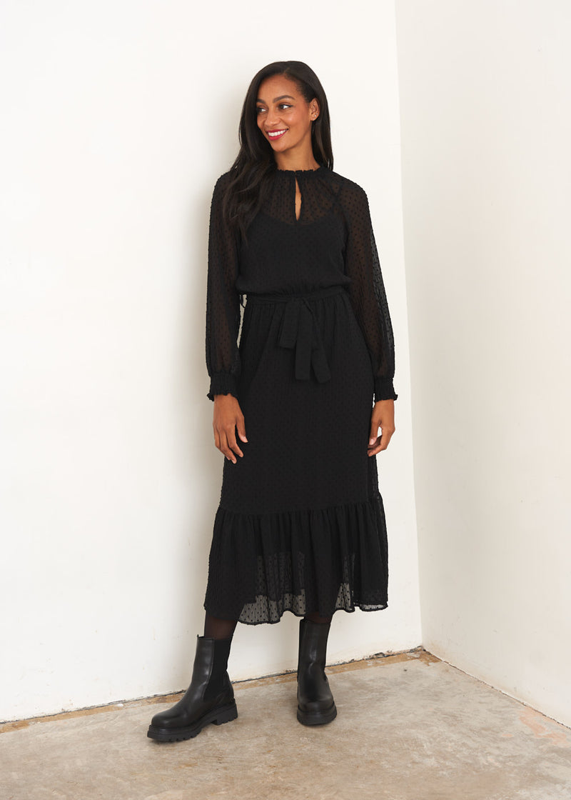 Black dobby polka dot dress
