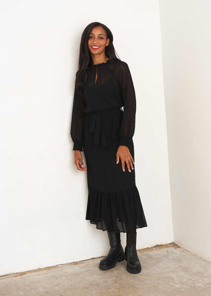 Black dobby polka dot dress
