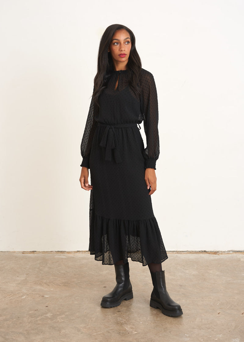 Black dobby polka dot dress