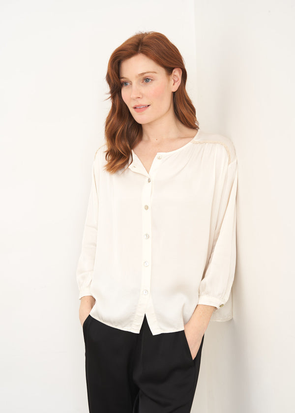 Soft cream satin button up blouse top