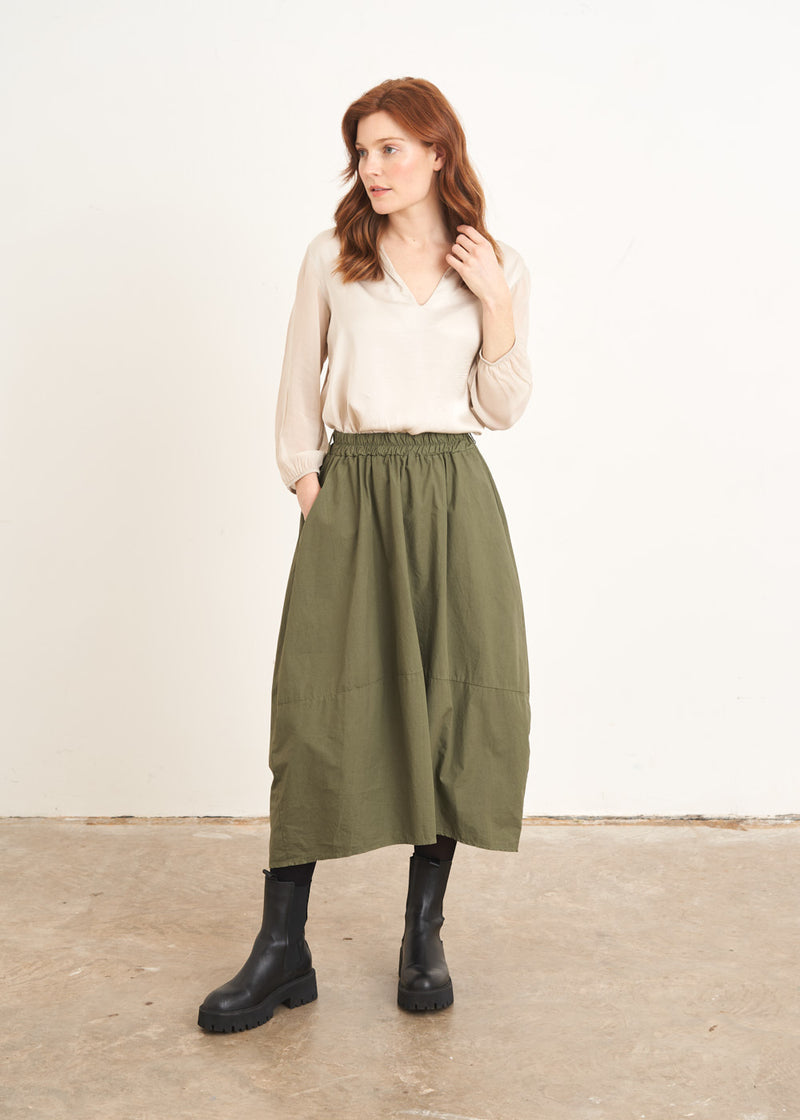 Olive green cotton midi skirt