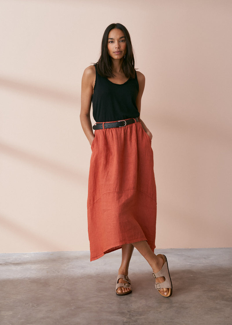 Terracotta linen midi skirt
