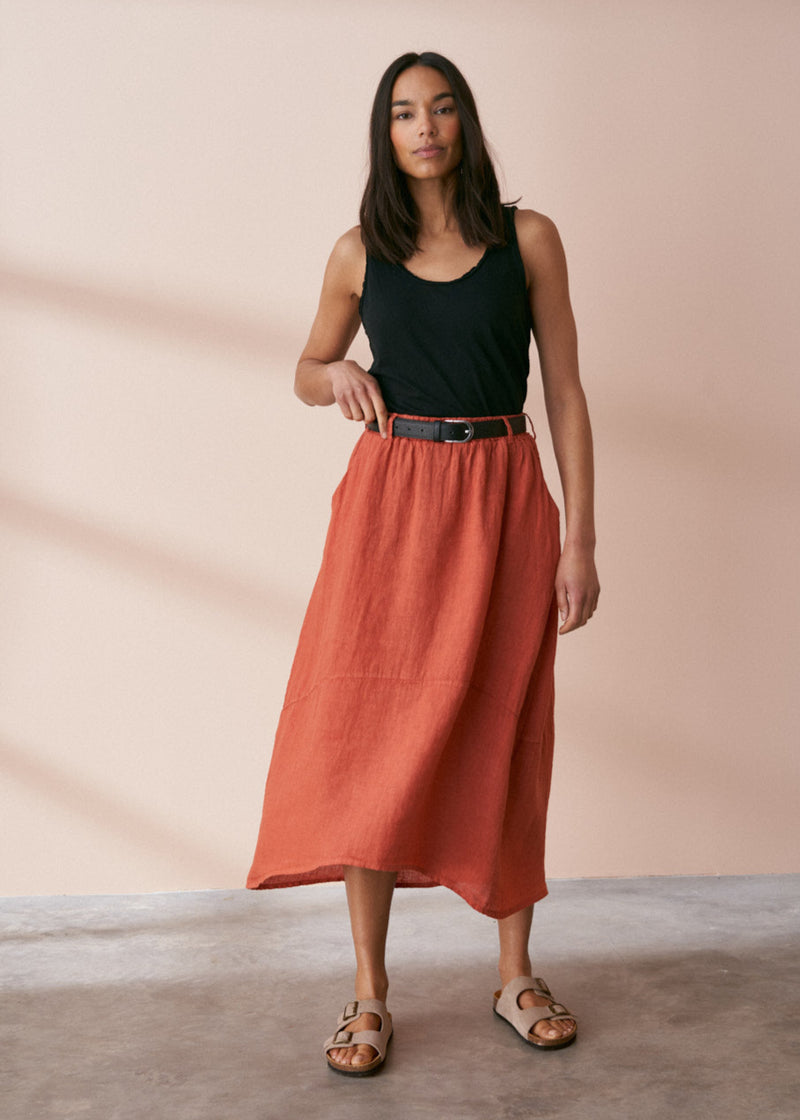 Terracotta linen midi skirt
