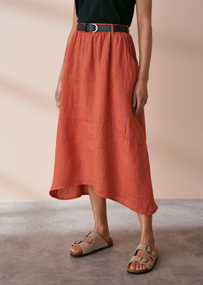 Terracotta linen midi skirt