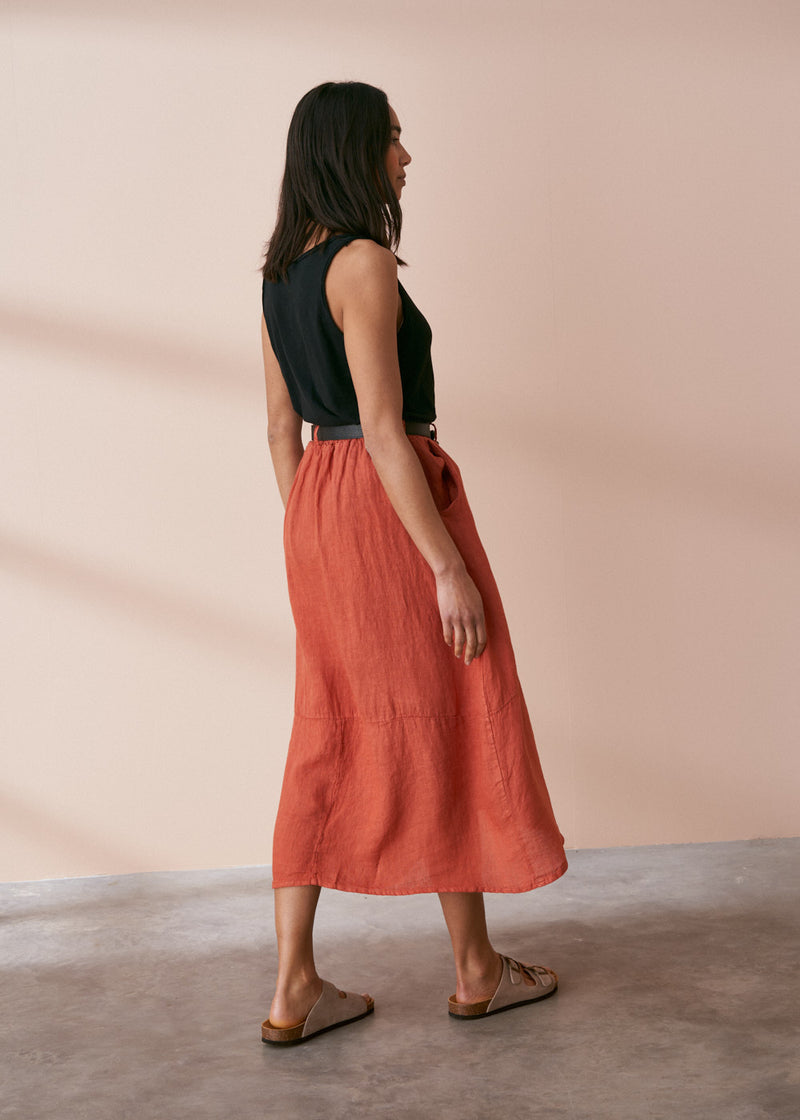 Terracotta linen midi skirt