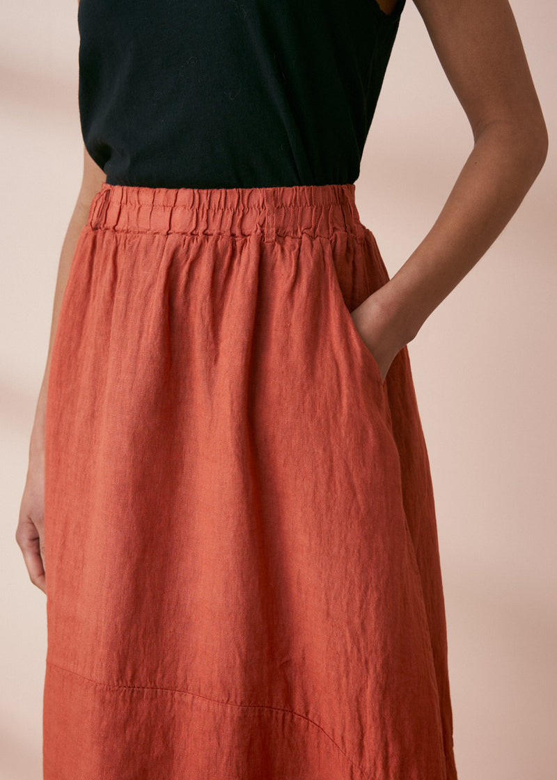 Terracotta linen midi skirt