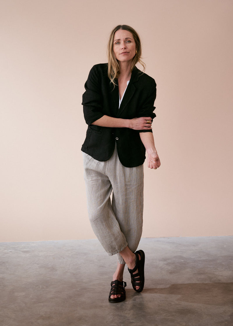 Black linen blazer with metal buttons