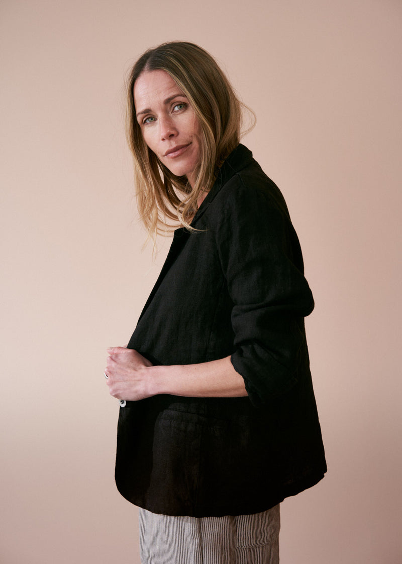 Black linen blazer with metal buttons
