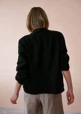Black linen blazer with metal buttons