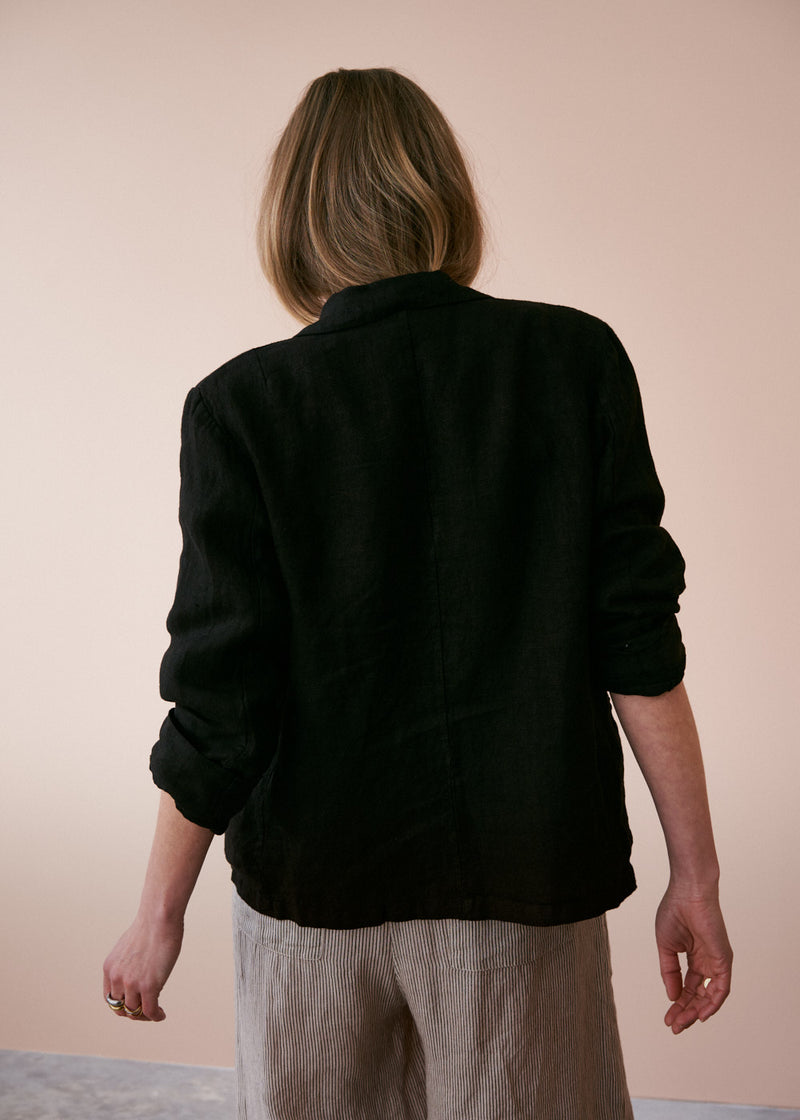 Black linen blazer with metal buttons